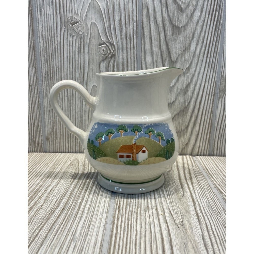 Sango Sangostone Country Cottage 3645 Creamer Pitcher Ceramic Korea Green Trim